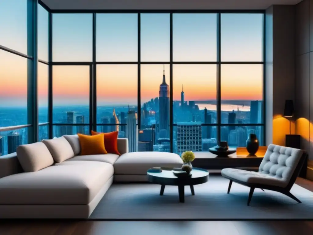 Sala de estar moderna y lujosa con vista a la ciudad Espléndida sala de estar moderna con vistas a la ciudad