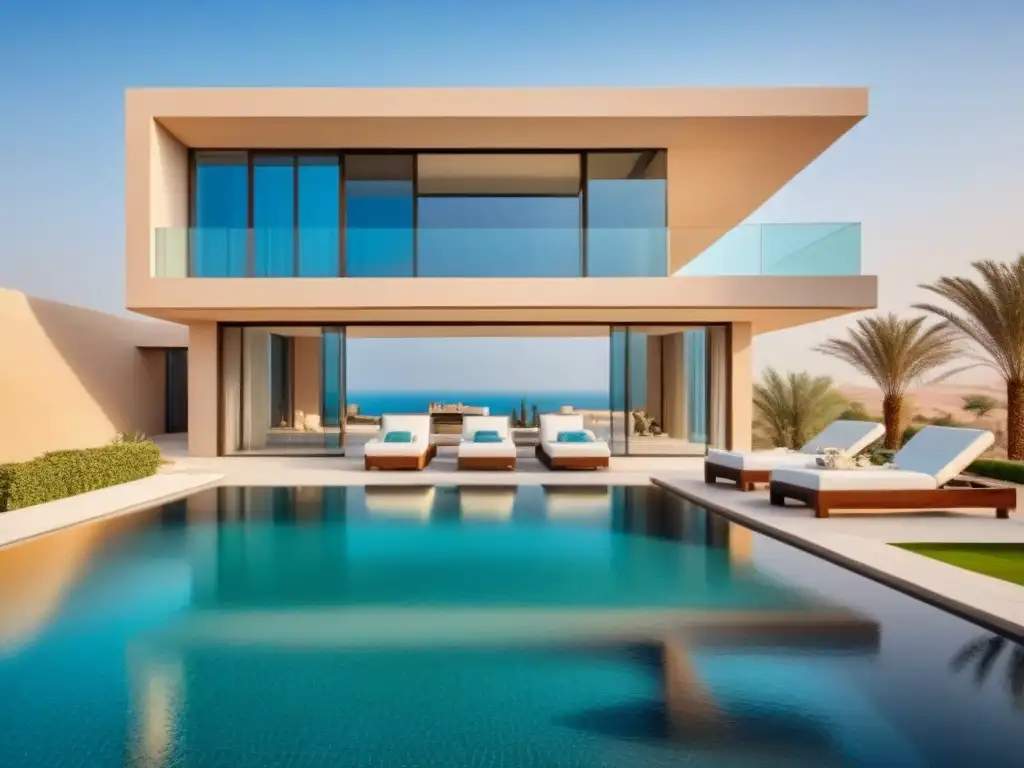 Villa de lujo en el Medio Oriente: diseño geométrico y vistas panorámicas Espléndida villa moderna en Medio Oriente con piscina infinita y diseño arquitectónico vanguardista
