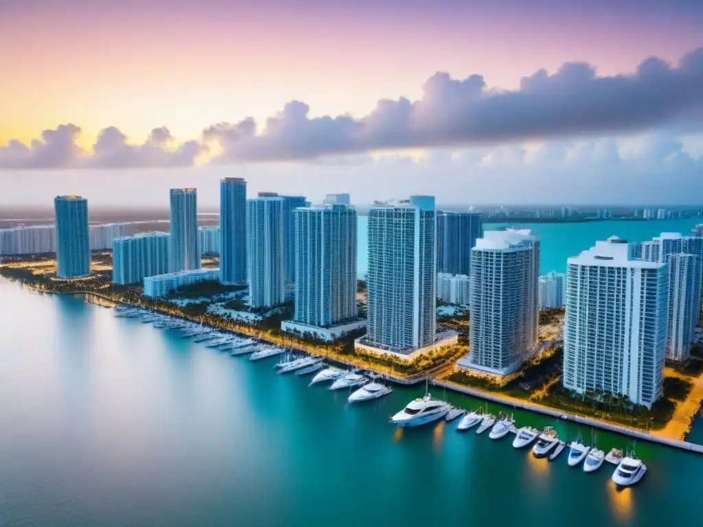 Horizonte de Miami al atardecer: luces doradas sobre rascacielos icónicos Espléndida vista aérea del atardecer en el skyline de Miami, reflejando la inversión extranjera mercado inmobiliario Miami