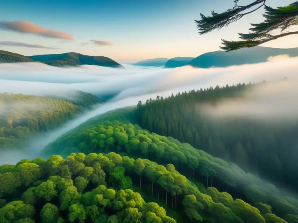 Majestuoso bosque verde: luz dorada entre sombras Espléndida vista aérea de un exuberante bosque verde con luz dorada del sol filtrándose entre las hojas