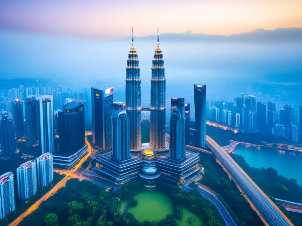 Esplendor urbano: Petronas Twin Towers en Kuala Lumpur Espléndida vista aérea de las icónicas Torres Petronas en Kuala Lumpur, Malasia, destacando la inversión en bienes raíces Malasia