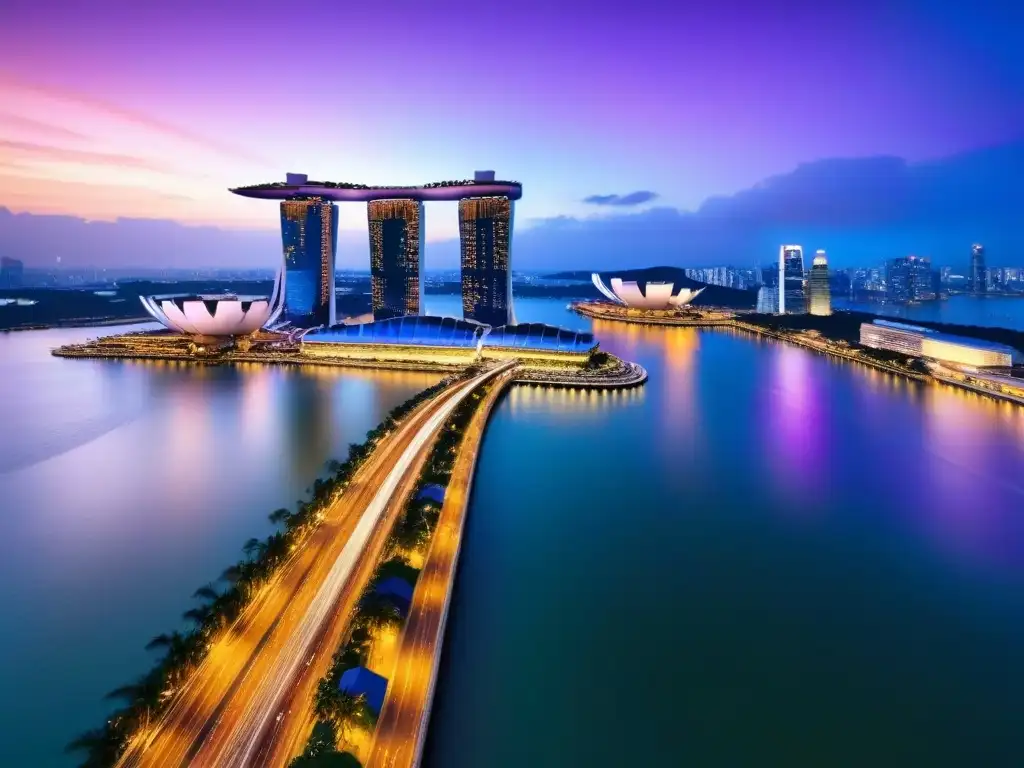 Esplendor urbano: Singapur al atardecer Espléndida vista aérea del skyline de Singapur al anochecer, con el hotel Marina Bay Sands y el puerto lleno de barcos listos para cargar