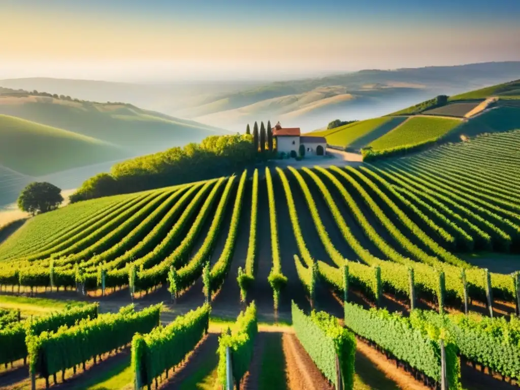 Viñedo sereno: belleza y potencial en terroir prometedor Espléndida vista aérea de un viñedo exuberante en colinas, con hileras de viñedos y una bodega encantadora al centro