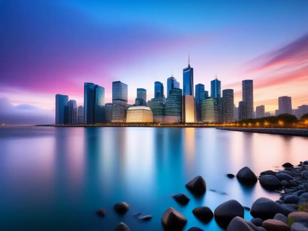 Horizonte urbano moderno en 8k: estabilidad económica Espléndida vista de la ciudad moderna al atardecer, con rascacielos iluminados y río sereno, simbolizando estabilidad en el mercado inmobiliario