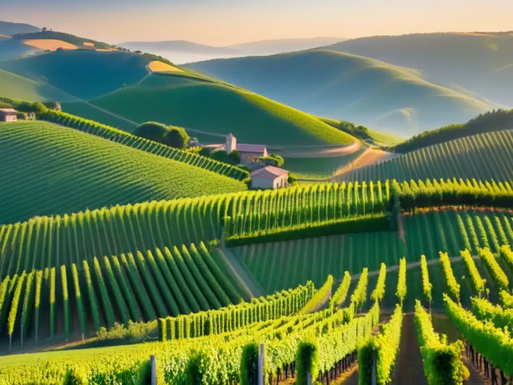 Viñedos de lujo: armonía y exuberancia en inversiones internacionales Espléndidas inversiones en bodegas internacionales: viñedos ordenados en colinas, modernas instalaciones y atardecer dorado