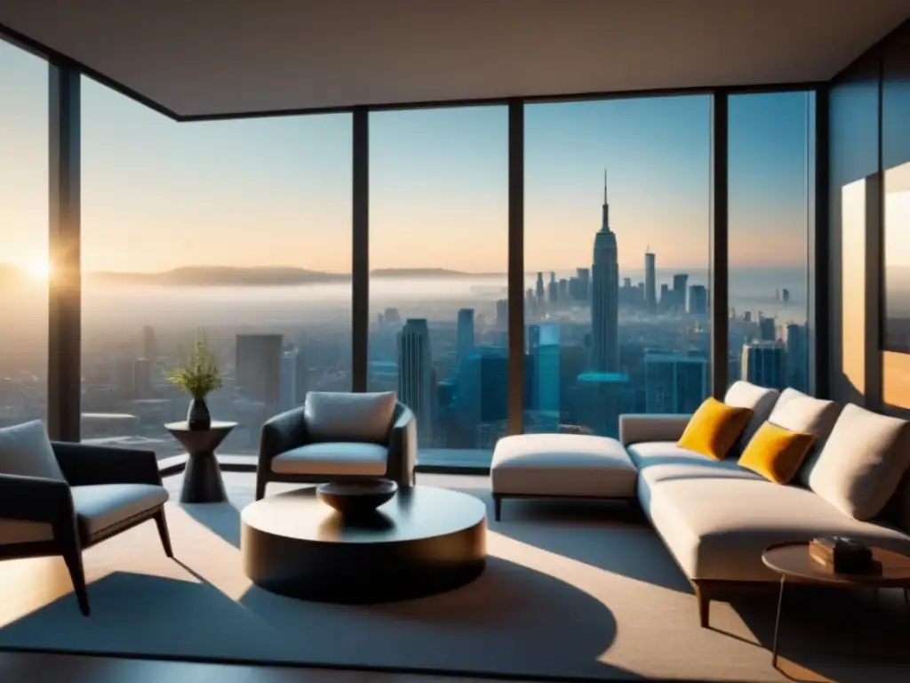 Interior de apartamento moderno con vista urbana en 8k Espléndido apartamento moderno con vista a la ciudad para inversionistas inmobiliarios en busca de altos retornos