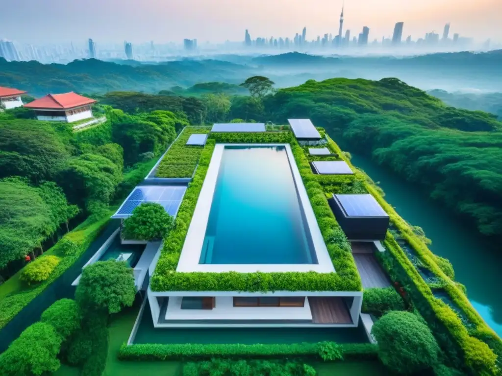 Propiedad sostenible de lujo con vistas aéreas en Asia Espléndido desarrollo de propiedades de lujo sostenibles en Asia, fusionando modernidad y naturaleza con piscina infinita