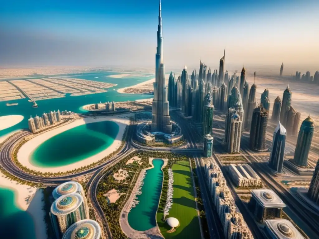 Esplendor dorado: Dubai, lujo y opulencia Espléndido horizonte de Dubai con rascacielos relucientes bajo el sol dorado, destacando la imponente Burj Khalifa