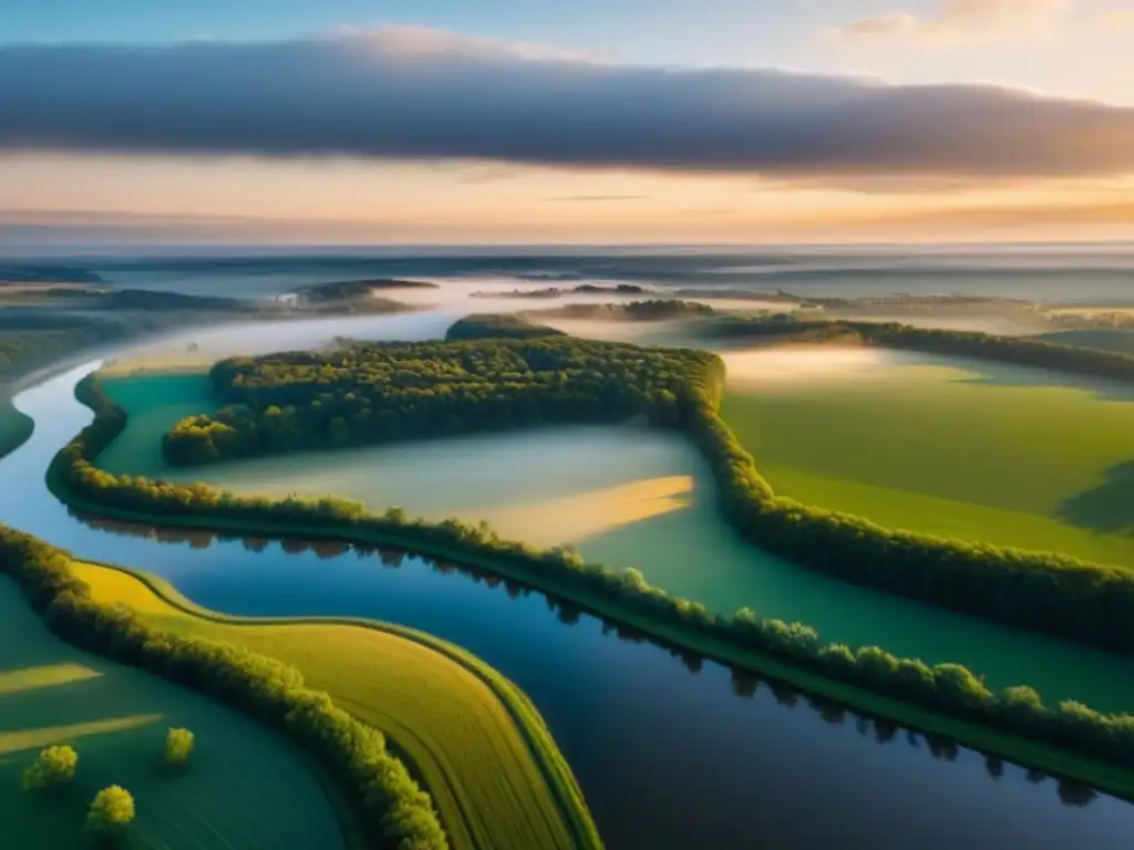 Paisaje rural de América del Norte al atardecer Espléndido paisaje rural en Norteamérica con campos extensos, colinas y un río serpenteante al atardecer