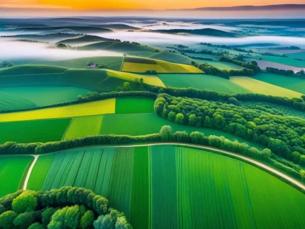 Espléndida vista aérea de campos verdes y ríos en Norteamérica Espléndido paisaje rural en Norteamérica, con extensos campos verdes y un río serpenteante bajo la cálida luz del sol