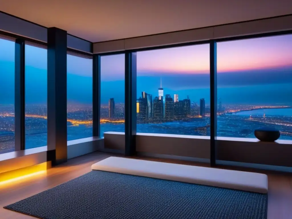 Espléndido penthouse moderno con eficiencia energética en edificios automatizados, vista nocturna de la ciudad y diseño elegante