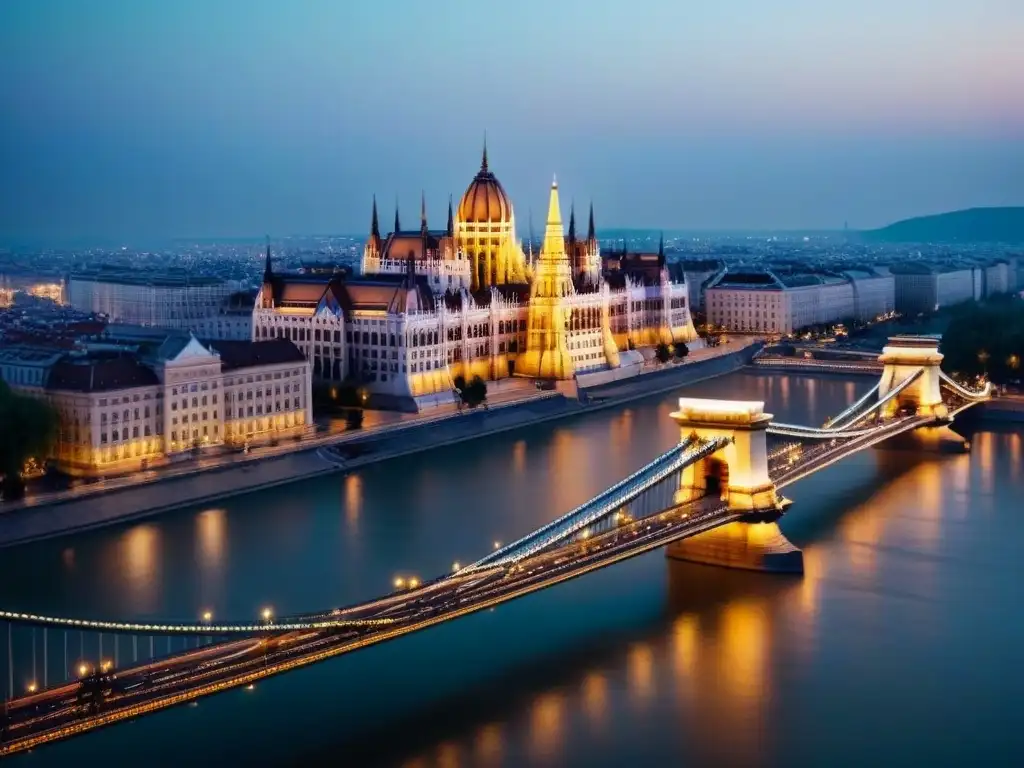 Esplendor nocturno del Puente de las Cadenas sobre el Danubio en Budapest Espléndido puente de Budapest iluminado de noche sobre el Danubio, con el Parlamento húngaro de fondo