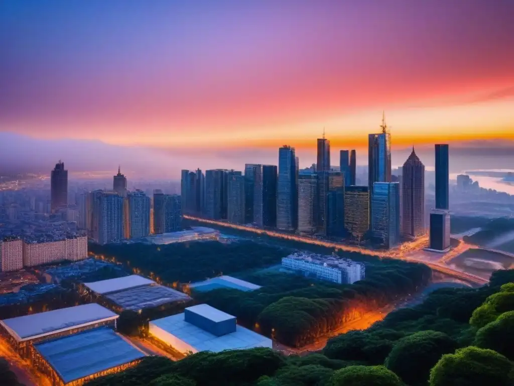 Espléndido rascacielos en atardecer vibrante Espléndido rascacielos frente a un atardecer vibrante, con una ciudad moderna y diversa