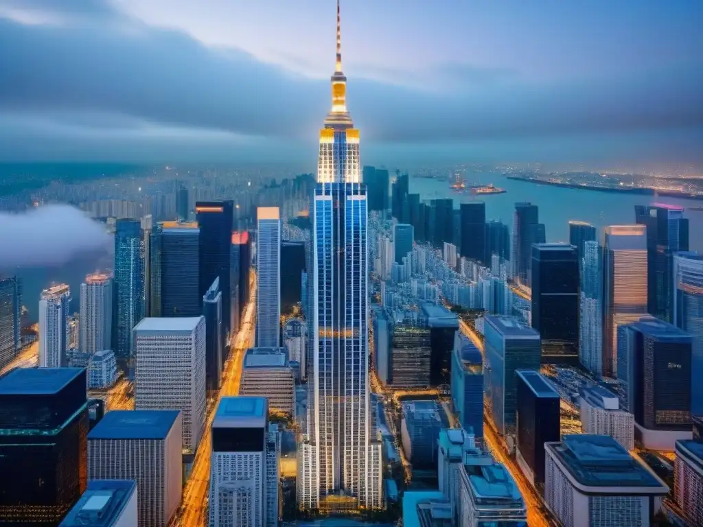 Espectacular rascacielos de lujo en ciudad asiática Espléndido rascacielos de lujo en ciudad asiática, reflejando redes sociales, fusionando marketing inmobiliario con lo digital