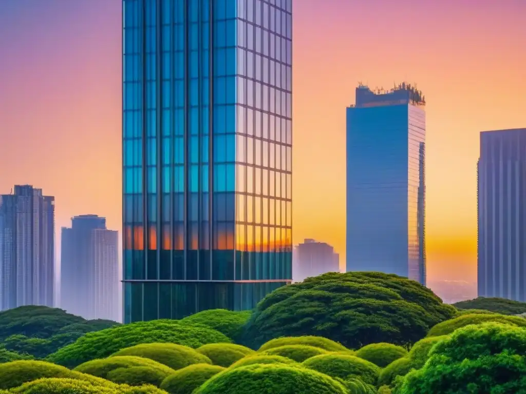 Rascacielos moderno al atardecer: símbolo de crecimiento urbano Espléndido rascacielos moderno en atardecer vibrante, reflejando el cielo cálido