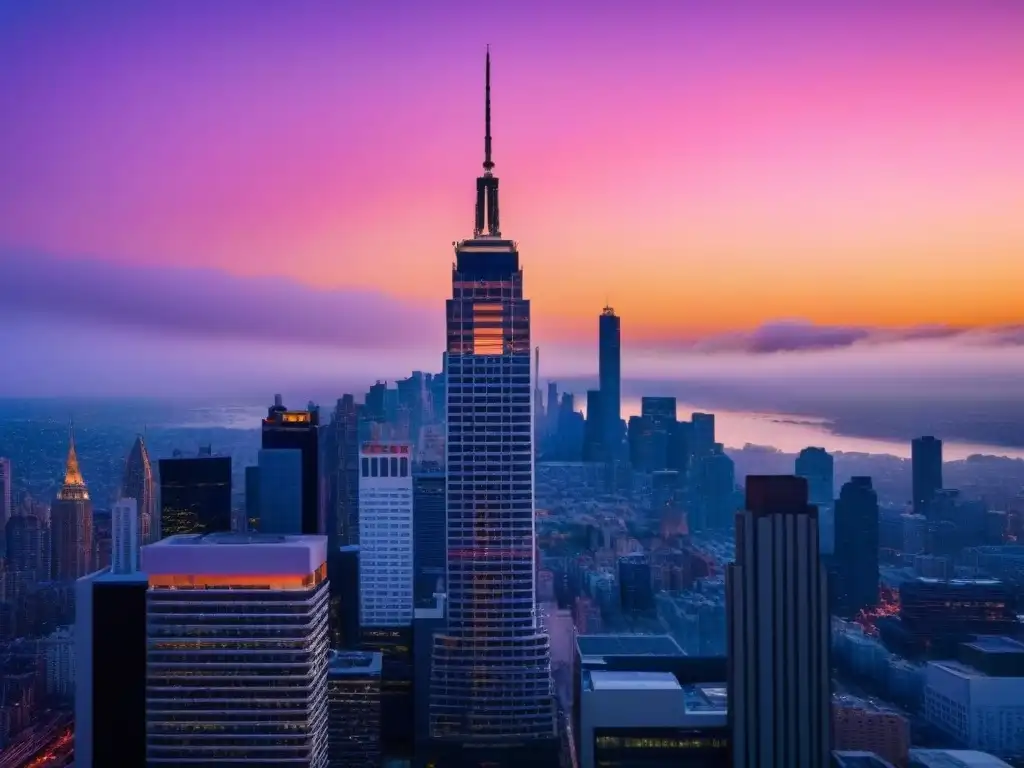 Rascacielos de cristal en atardecer vibrante Espléndido rascacielos moderno de vidrio reflejando la ciudad en su superficie, bajo un cielo atardecer vibrante