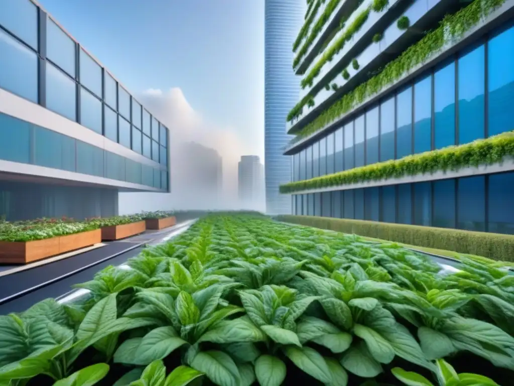 Rascacielos futurista sostenible: inversión verde y armonía ambiental Espléndido rascacielos sostenible rodeado de vegetación, paneles solares y jardines verticales, bajo cielo azul
