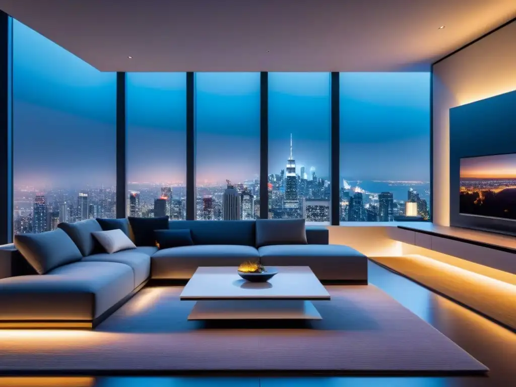 Sala de estar de lujo en casa inteligente: diseño moderno y sofisticado Espléndido salón de lujo en un hogar inteligente de última generación con automatización y vista nocturna de la ciudad