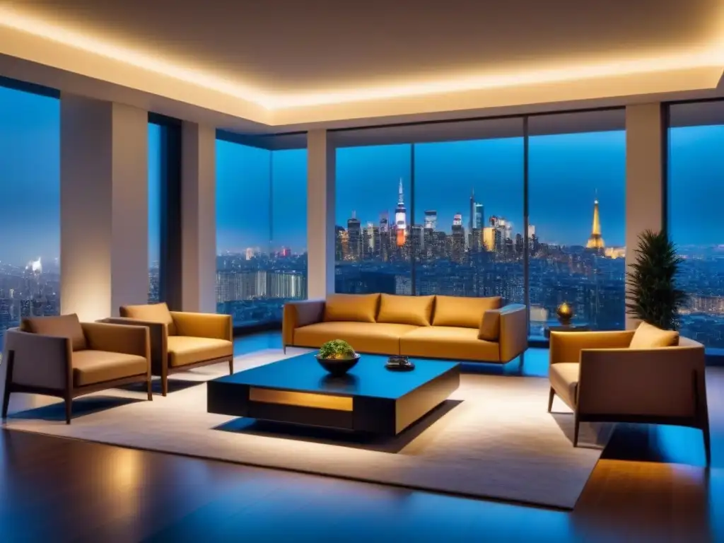 Salón de lujo con vistas nocturnas a la ciudad Espléndido salón de lujo en propiedad internacional con mobiliario contemporáneo y vista nocturna de la ciudad