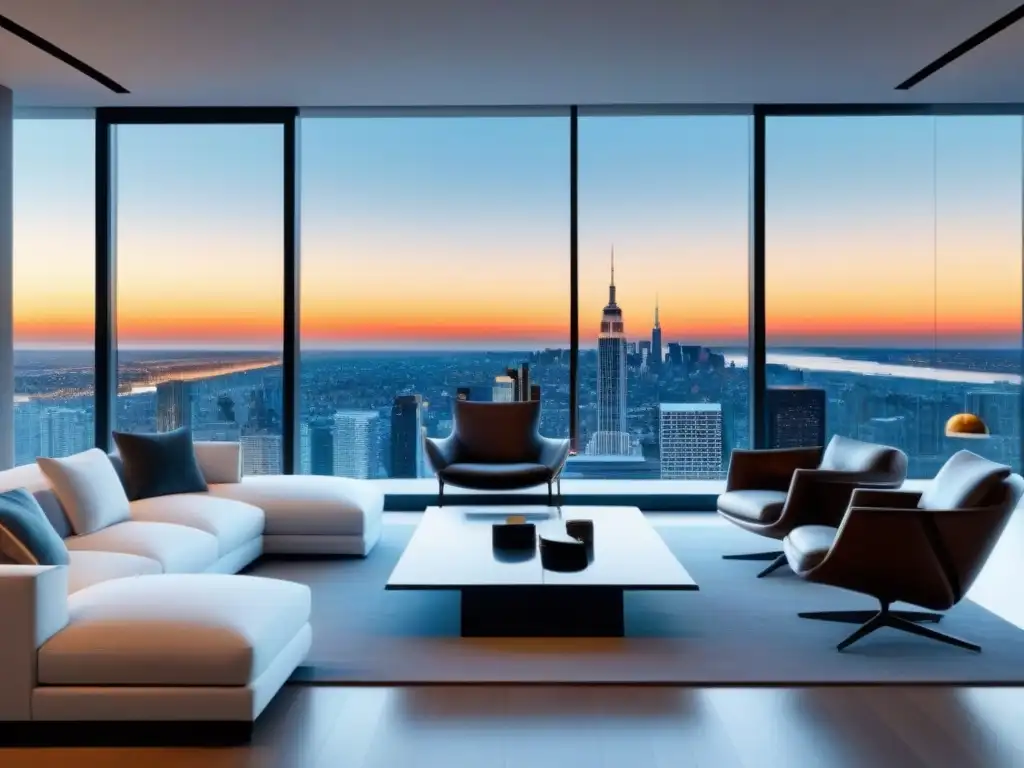 Salón de lujo en propiedad exclusiva con vista panorámica Espléndido salón moderno de lujo con vista a la ciudad y muebles de diseño, ideal para visitas virtuales propiedades alta gama