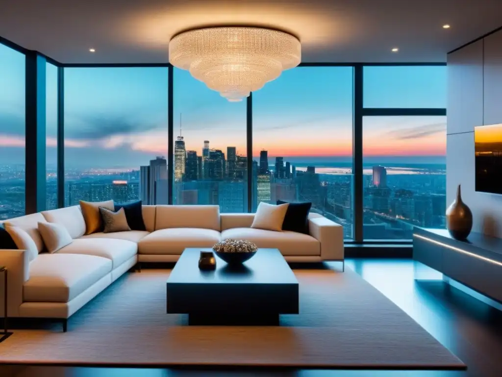 Sala de estar moderna de lujo en proyecto residencial urbano Espléndido salón moderno en un proyecto residencial, con mobiliario elegante, ventanales con vista panorámica a la ciudad y arte contemporáneo