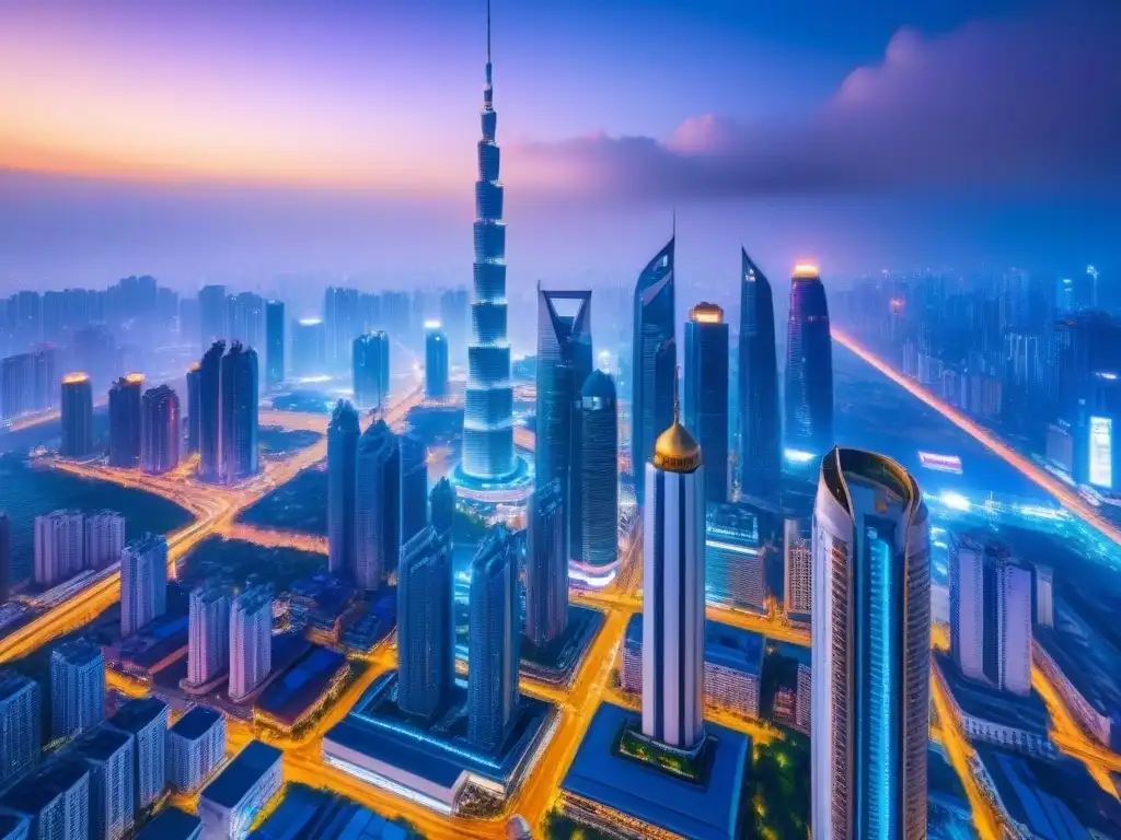 Horizonte futurista: lujo y modernidad en ciudad asiática Espléndido skyline futurista en ciudad asiática, con rascacielos lujosos y diseño arquitectónico vanguardista