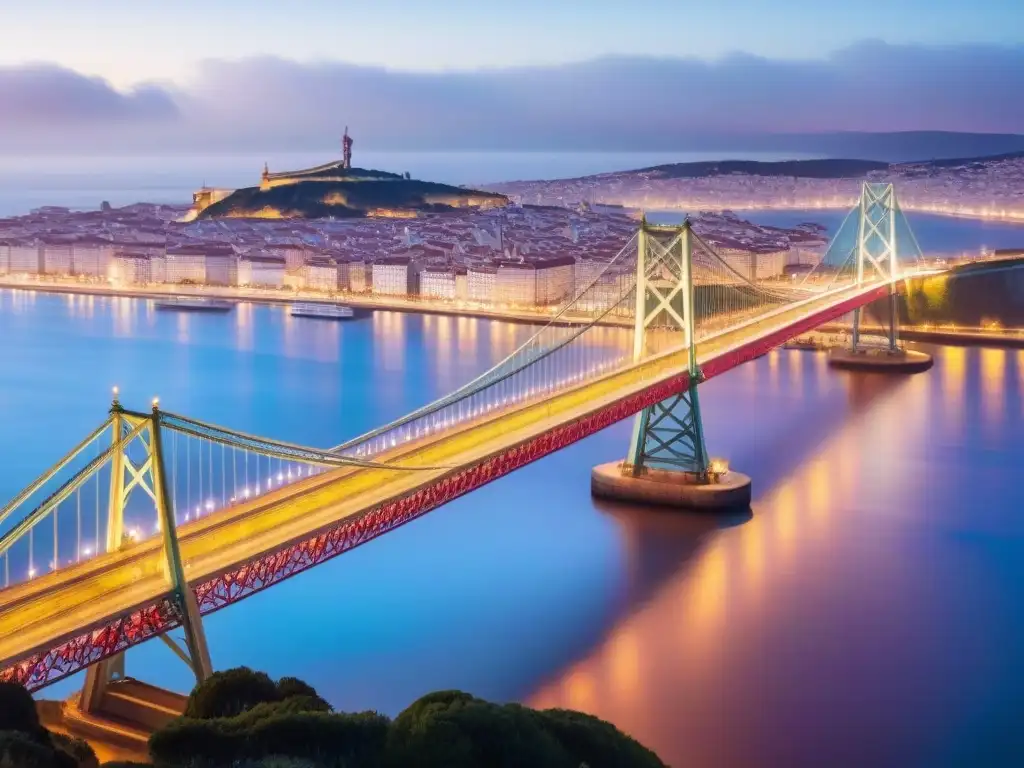 Esplendor nocturno: Puente 25 de Abril en Lisboa Esplendor del renacimiento urbano Lisboa: puente 25 de Abril al anochecer, luces de la ciudad reflejadas en el río Tajo