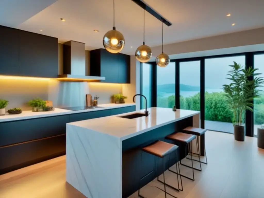 Cocina de lujo en propiedad renovada con diseño moderno y funcional Renovación estética y funcional en el mercado inmobiliario: lujosa cocina moderna con vistas a jardín verde