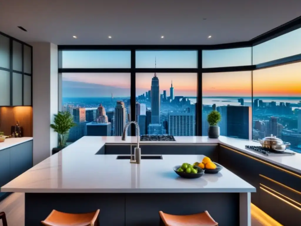 Cocina de lujo con vista a la ciudad en propiedad urbana renovada Renovación estética y funcionalidad en este mercado inmobiliario con cocina moderna de lujo y vista a la ciudad