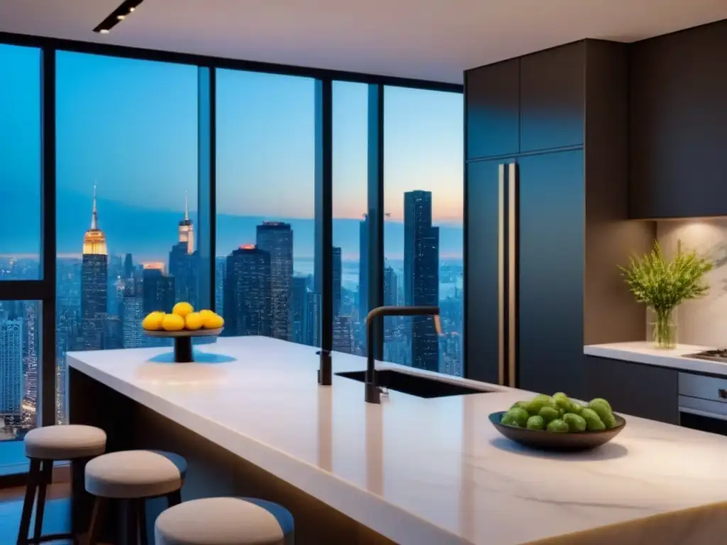 Cocina de lujo con vista a la ciudad al atardecer Renovación estética y funcionalidad en el mercado inmobiliario: Cocina moderna de lujo con isla y vista panorámica urbana al anochecer