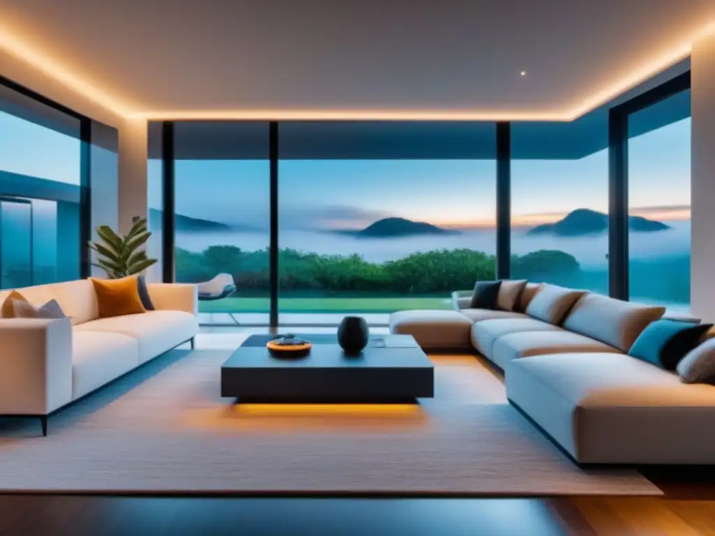 Diseño interior de casa inteligente: elegante y tecnológico Estiloso diseño interior de hogar inteligente con tecnología IoT controlando iluminación, temperatura y entretenimiento