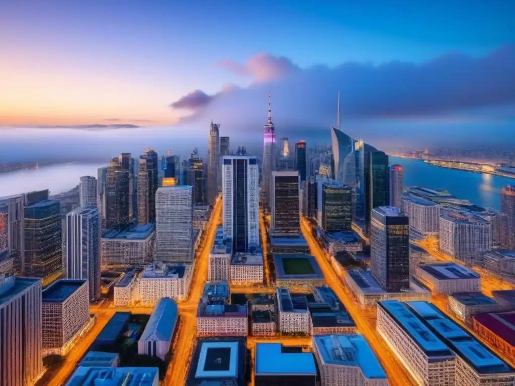 Contraste urbano: luces de ciudad entre rascacielos históricos Estrategias anticíclicas en mercado inmobiliario internacional: ciudad moderna y tradicional iluminada al anochecer