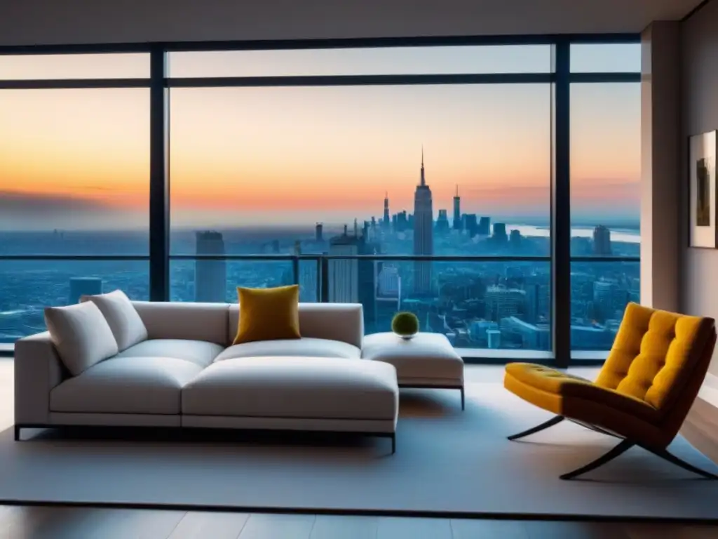 Penthouse de lujo con influencer en la hora dorada Influencer mostrando estrategias contenido influencers inmobiliarios en lujoso ático moderno con vista a la ciudad