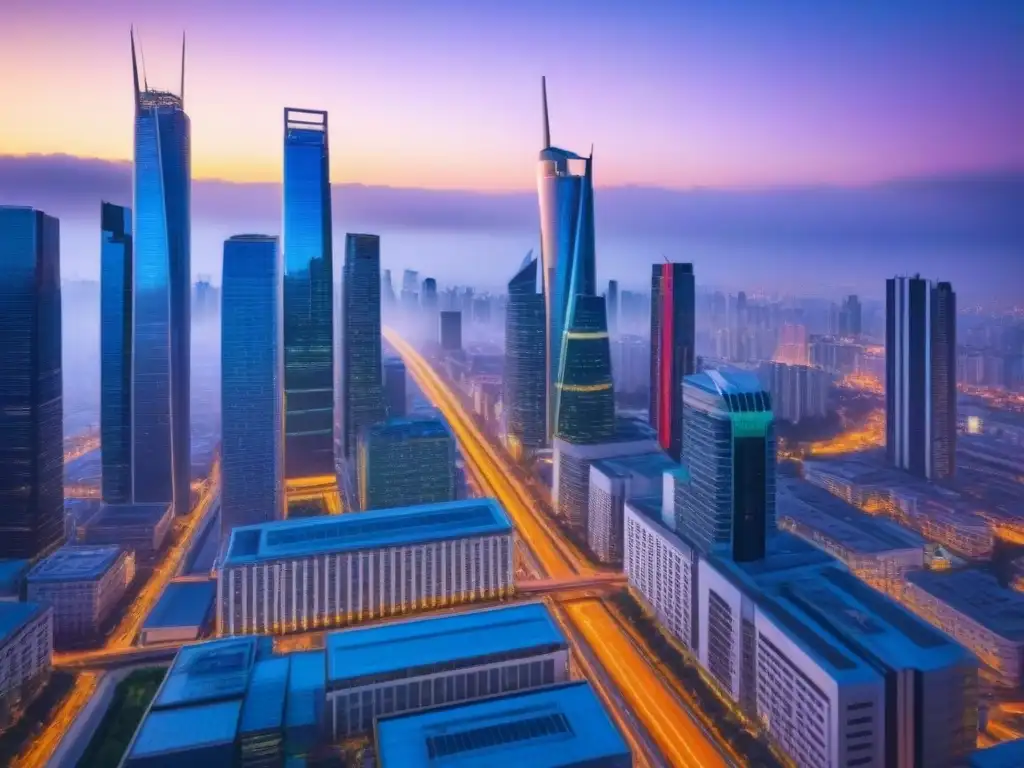 Horizonte urbano moderno: luces y movimiento Estrategias de inversión inmobiliaria internacional: ciudad futurista con rascacielos iluminados y bulliciosa vida urbana al atardecer