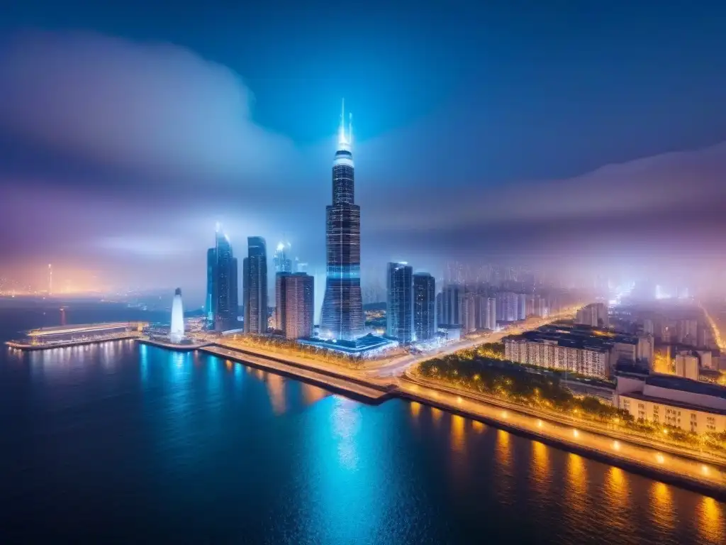 Complejo de lujo en metrópolis nocturna: inversión inmobiliaria cosmopolita Estrategias de marketing inmobiliario global: Complejo de lujo en metrópolis brillante de noche, con arquitectura futurista y luces vibrantes