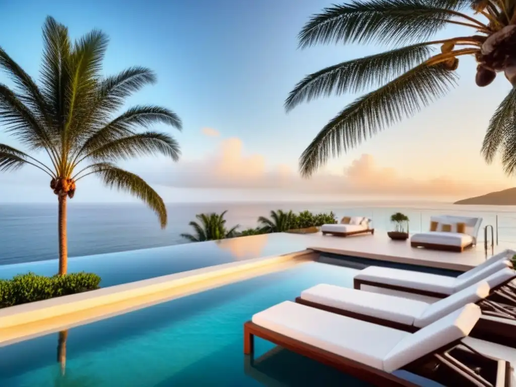 Resort de lujo frente al mar con piscina infinita y atardecer dorado Estrategias de rentabilidad en gestión de tiempos compartidos en lujoso complejo frente al mar