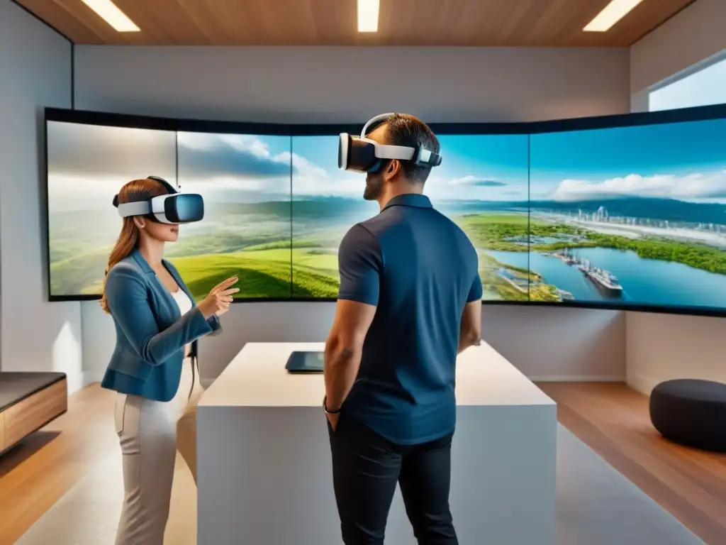 Estudio arquitectónico futurista en VR creando edificios sostenibles Estudio de arquitectura futurista con realidad virtual en proyectos sostenibles