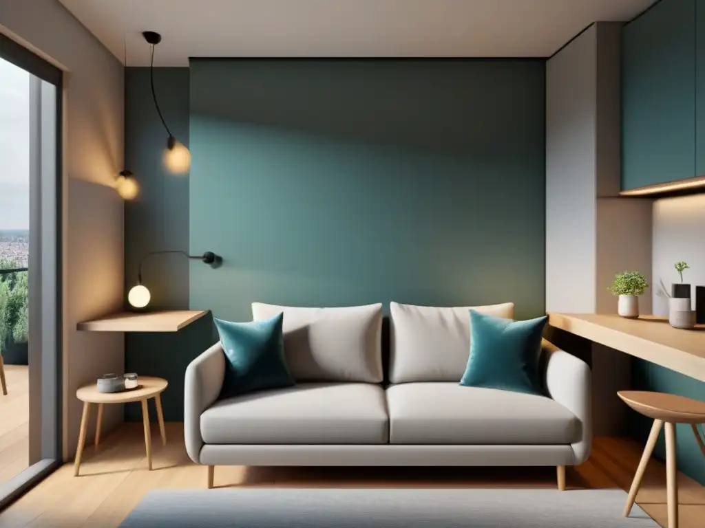 Diseño inteligente y funcional en un apartamento estudio moderno Un estudio moderno en alta resolución con muebles multifuncionales y soluciones de ahorro de espacio