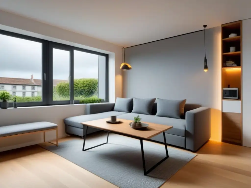 Apartamento estudio moderno con muebles multifuncionales innovadores Un estudio moderno con muebles multifuncionales, diseño residencial de optimización espacios