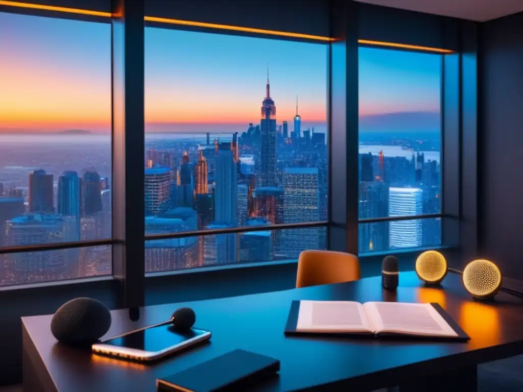 Estudio de podcasting futurista en 8k: innovación en marketing inmobiliario Un estudio de podcast moderno con micrófonos de última generación, paneles insonorizados y luces LED futuristas, con vista a la ciudad