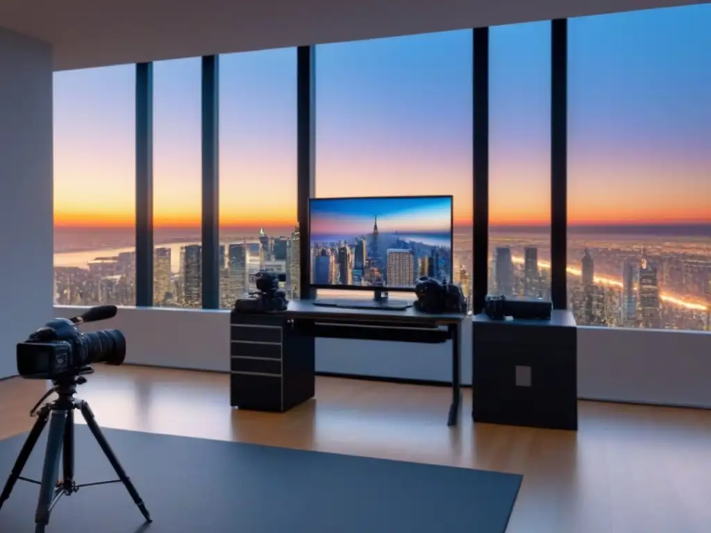 Estudio de producción de video moderno para marketing inmobiliario Un estudio de video moderno con equipo profesional y vista a la ciudad al atardecer