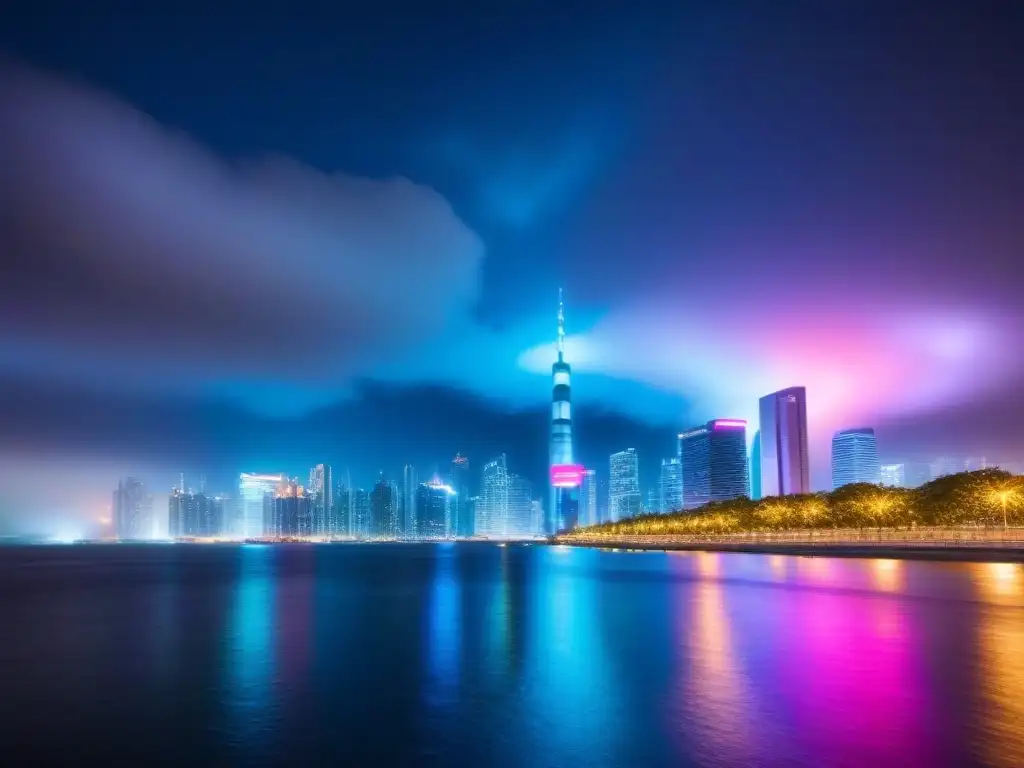 Metrópolis futurista: luces neón en río Ética en inversiones inmobiliarias internacionales: Una ciudad futurista de rascacielos de cristal iluminados por luces neón, reflejándose en el río