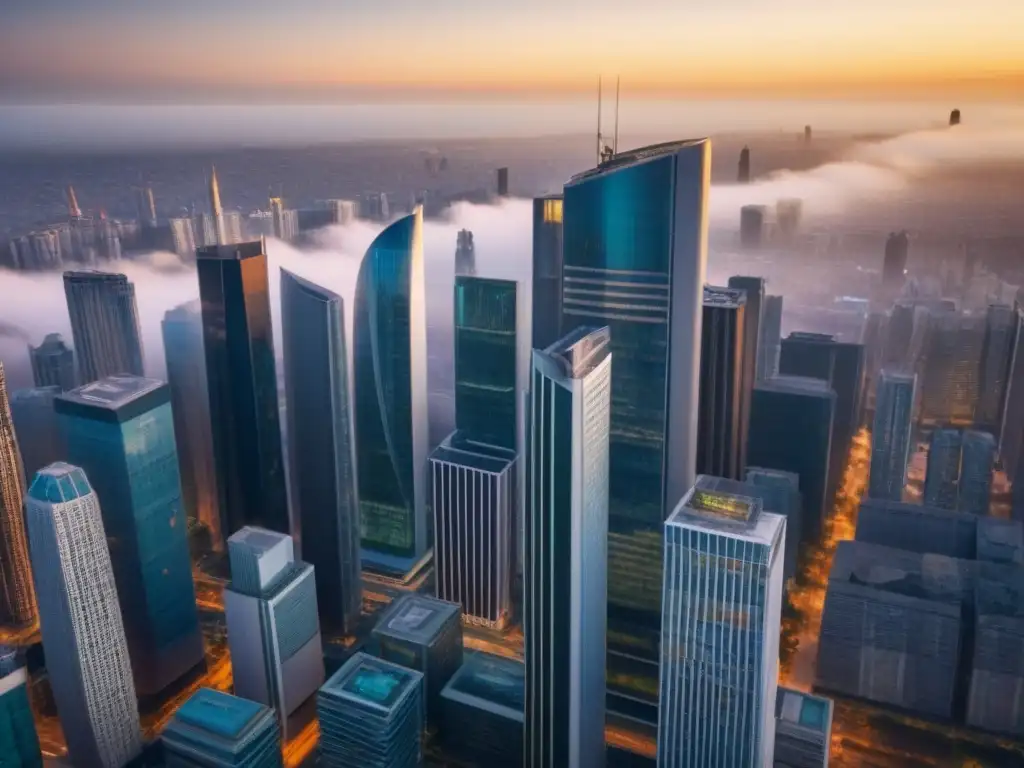 Mercado inmobiliario global: ciudad cosmopolita al atardecer Ética en mercado inmobiliario global: Profesionales en transacciones inmobiliarias en una ciudad vibrante al atardecer