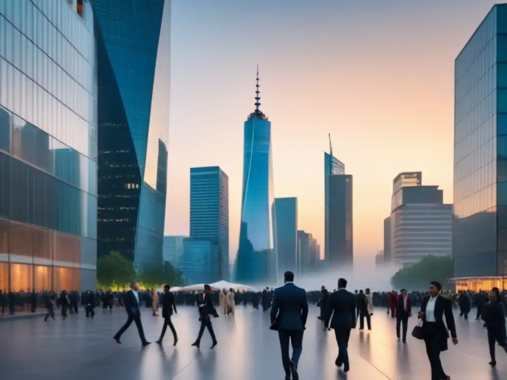 Horizonte urbano global: rascacielos de vidrio iluminados al atardecer Ética en el mercado inmobiliario internacional: Ciudad moderna al atardecer con rascacielos de vidrio iluminados y gente diversa en trajes de negocios