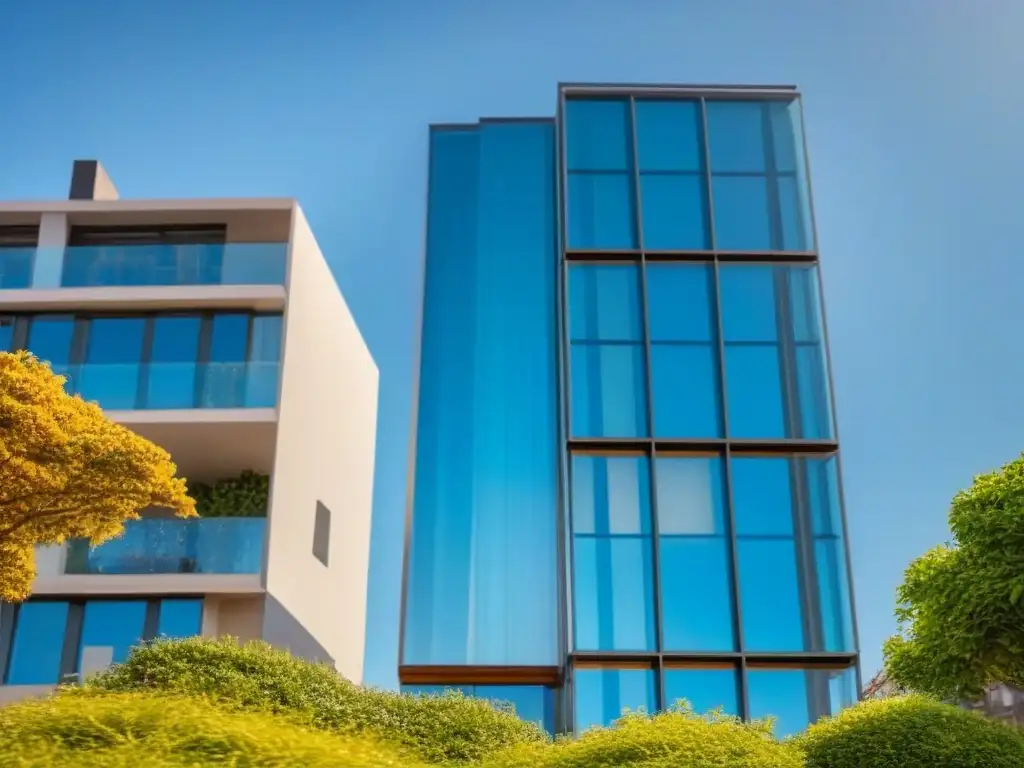 Edificio moderno con jardín en la azotea y vistas panorámicas Ética en mercado inmobiliario internacional: Edificio moderno con jardín en la azotea, reflejando la ciudad en su fachada de vidrio