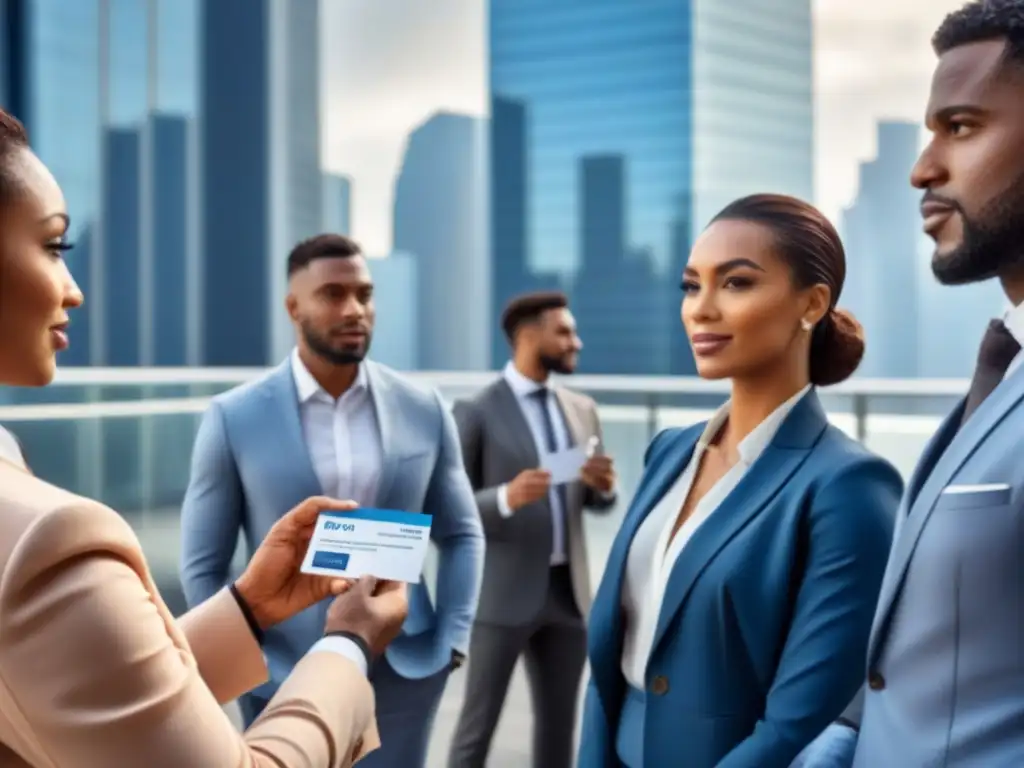 Intercambio de tarjetas de negocios en evento de networking Un evento de networking entre profesionales en trajes de negocios, intercambiando tarjetas en una ciudad moderna