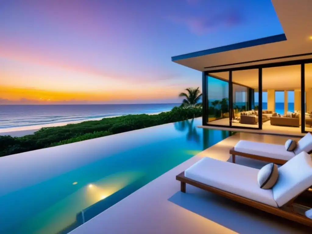 Villa de lujo frente al mar al atardecer: oasis de exclusividad Exclusiva villa de alquiler vacacional frente al mar al atardecer con piscina infinita privada