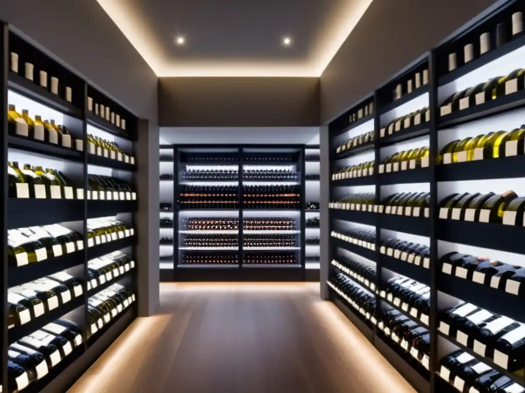 Exclusiva bodega de vinos: lujo y sofisticación en 8k Exclusiva bodega moderna con vinos premium en elegantes estantes de cristal iluminados