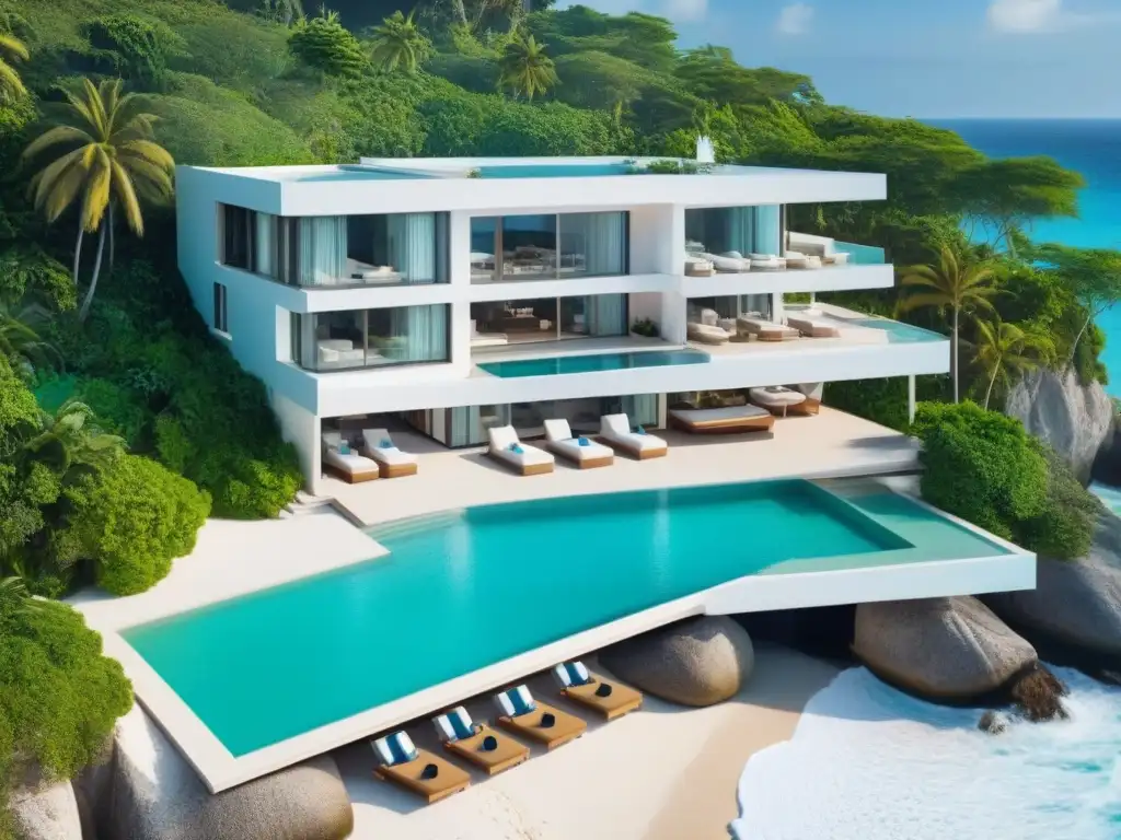 Villa de lujo frente al mar con piscina infinita y playa privada Exclusiva villa costera con diseño moderno y vistas al mar turquesa, reflejando tendencias globales villas vacacionales costa