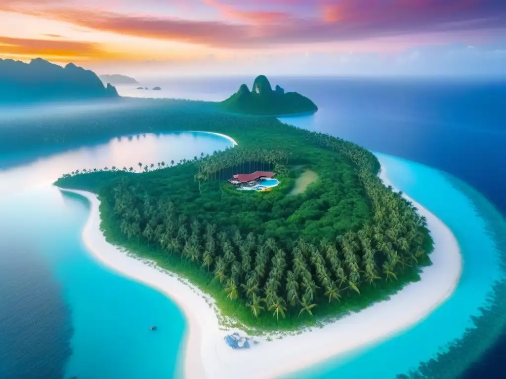 Paraíso privado de lujo: isla con aguas turquesa y playas blancas Exclusiva isla privada con aguas turquesas, playas de arena blanca, palmeras y lujosas villas frente al mar al atardecer